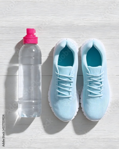 water bottle and running shoes in sun flare, fitness lifestyle flat lay