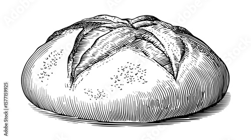 Round rustic bread loaf in vintage engraving style, isolated on transparent background 