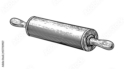 Rolling pin with wooden handles in vintage engraving style, isolated on transparent background