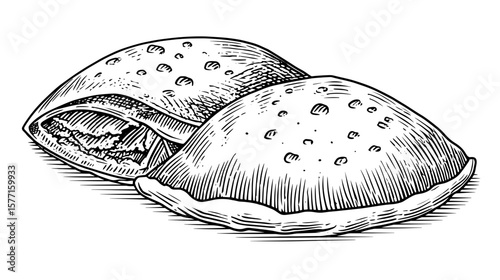 Vintage illustration of pita bread cut in half showcasing pocket, isolated on transparent background