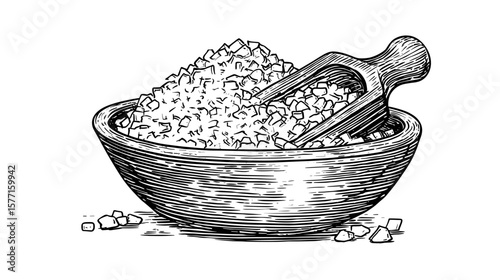 Coarse salt in wooden bowl with scoop, isolated on transparent background