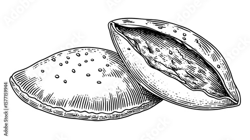 Vintage Pita bread cut in half showcasing an interior pocket, isolated on transparent background
