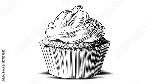 Hand-drawn cupcake with frosting in paper cup illustration, isolated on transparent background