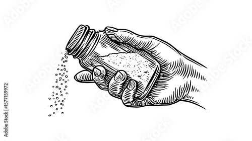 Hand holding salt shaker and pouring flakes in vintage style, isolated on transparent background