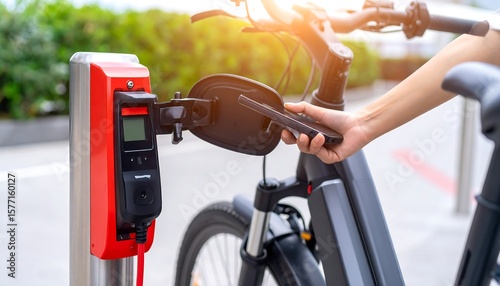 Person charging e-bike at station