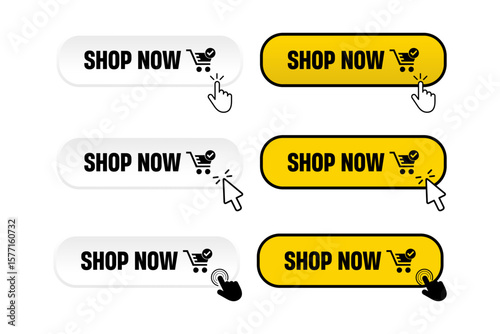 Buy now button with shopping cart. Shop now. Modern collection for web site. Online shopping. Click here, apply, buttons hand pointer clicking. Web design elements. Vector illustration. Vector eps.