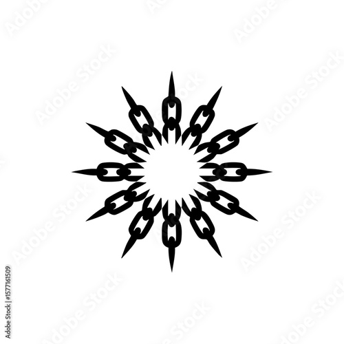 Abstract sunburst design made of chains and spikes, symbolizing oppression, protest, or the breaking of cycles.

