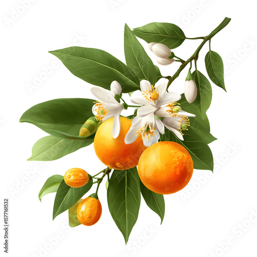Elegant orange blossom illustration with fruits and leaves against a black backdrop