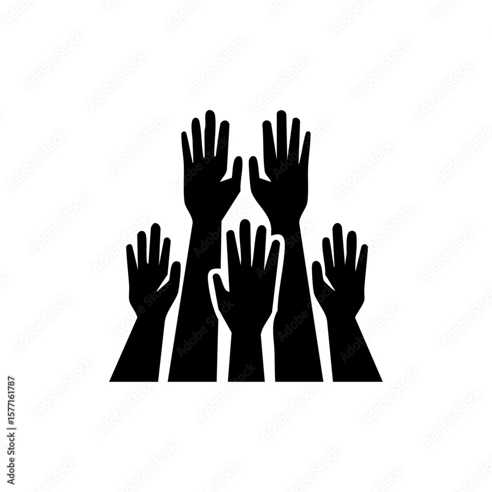 Obraz premium Black vector icon showing a group of raised hands, symbolizing participation, volunteering, voting, or community engagement.