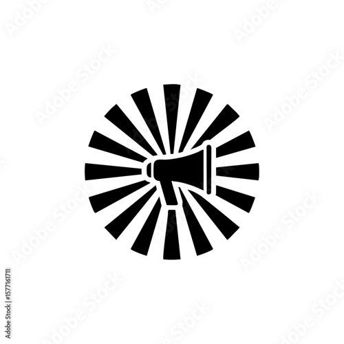 A black megaphone icon radiating equal-sized rays in all directions, symbolizing equality, activism, and public awareness.

