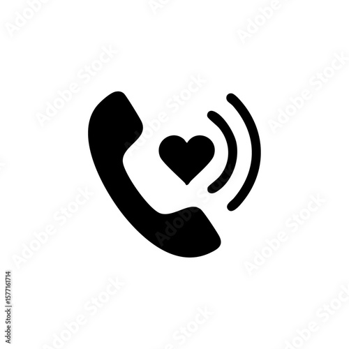 Phone receiver with heart and signal lines, representing emotional support via phone, care calls, or mental health helplines.