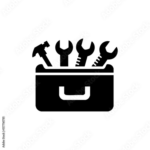Black vector icon of a toolbox filled with wrenches and a hammer, symbolizing technical support, maintenance, and repair services.