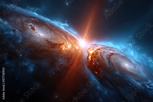 Fototapeta Naklejka Na Ścianę i Meble -  Galaxies collide in spectacular cosmic display, showcasing brilliant colors and intense energy in deep space