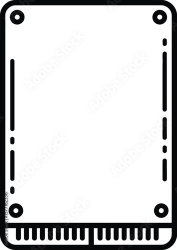 Outline illustration of a solid state drive (SSD) with connector pins and mounting holes.