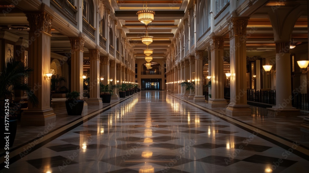 Fototapeta premium Architectural photography of grand casino interior, symmetrical columns, warm lighting, elegant layout