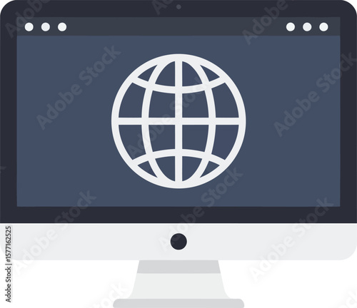 Flat design illustration of a computer monitor displaying a world globe icon.