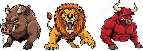 Wild animal mascots, cartoon lion boar bull, fierce jungle and farm beasts, powerful character illustrations, aggressive muscular animals, sports logo vector artwork collection.
