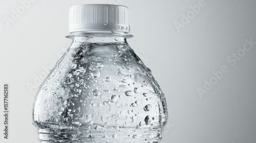 Close-up of a clear plastic water bottle, condensation droplets clinging to its surface, against a light gray background