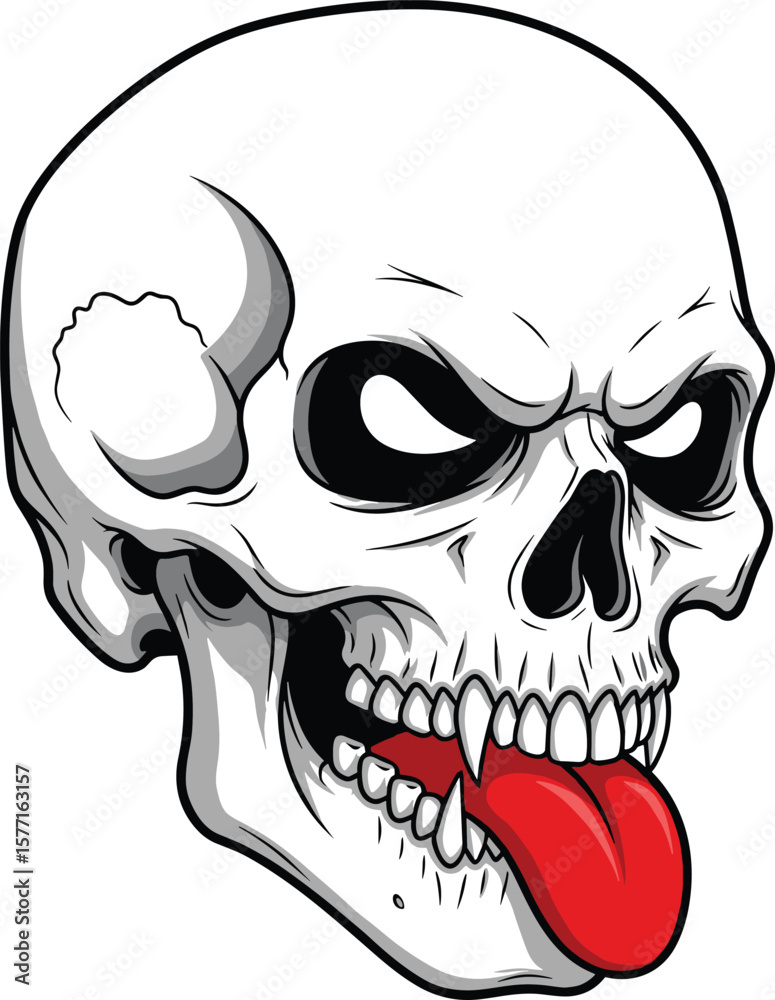 Fototapeta premium Cartoon skull with red tongue – edgy skull illustration with sharp teeth, hollow eyes, and aggressive expression for tattoos or graphic design