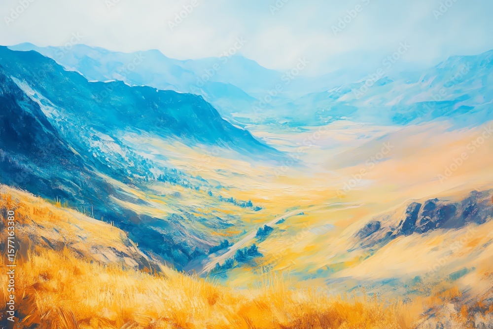 Obraz premium Vibrant painted landscape of rolling hills and distant mountains under a bright sky, evoking tranquility and beauty.