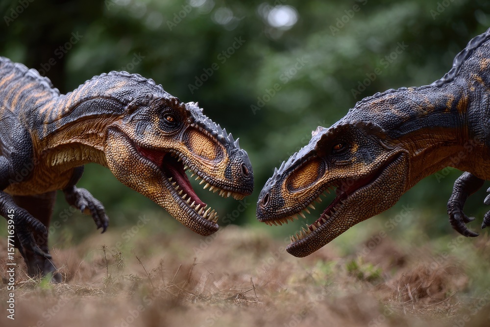 Obraz premium Two realistic dinosaur models in a fierce face-off amidst a lush green landscape during daylight