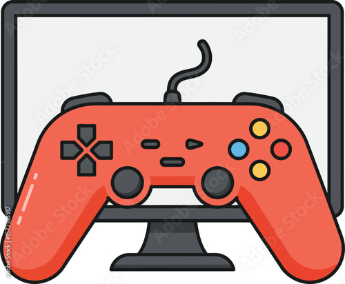 A red video game controller connected to a computer monitor, displaying a game screen.