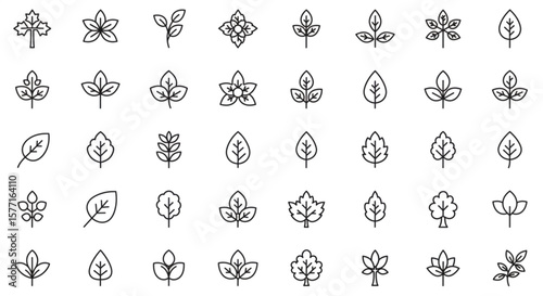 Collection of thirty six different leaf and flower icons in a simple outline style on a white background created with generated ai