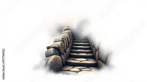 Stairway to Dreams: A weathered stone staircase winds upwards, disappearing into a misty horizon, symbolizing the climb towards aspirations, dreams, and journeys.