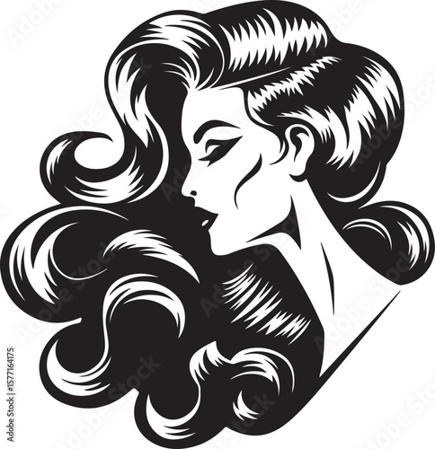 girl with long hair, Monochrome (Red Accent) Portrait of a Woman with Curly Hair