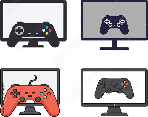 Four monitors display game controllers, showcasing gaming and technology concepts.