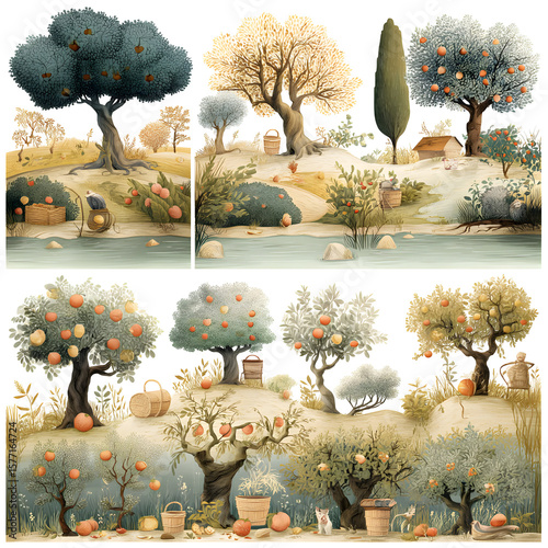 Whimsical Fruit Orchard Scenery in Detailed Watercolor Illustration, Charming and Delightful