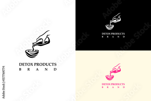 hand pouring liquid from a bottle into a swirl shaped bowl illustration, vector logo for detox product brand, juice cleanse, wellness, toxin removal, herbal treatment, botanical detox, and more