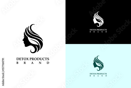 illustration of woman face with curvy hair with a leaf, vector logo for woman health, botanical detox, organic, natural, herbal treatment, fitness, health, detox products brand, and more