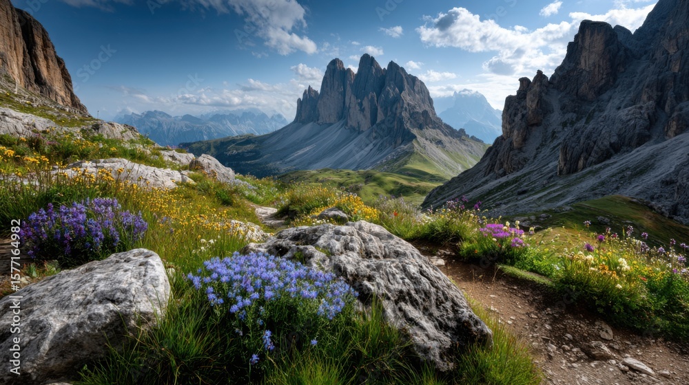 Obraz premium A stunning mountain range view with colorful wildflowers and rugged terrain. The image captures the majestic beauty of nature's grandeur with vibrant colors.
