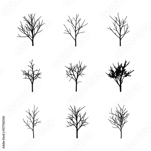 A grid of nine bare trees, silhouetted in black against a white background, showcasing different branch structures.