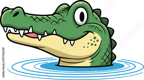 Cute cartoon crocodile head in water – smiling alligator mascot illustration with big eyes, sharp teeth, and playful reptile expression vector
