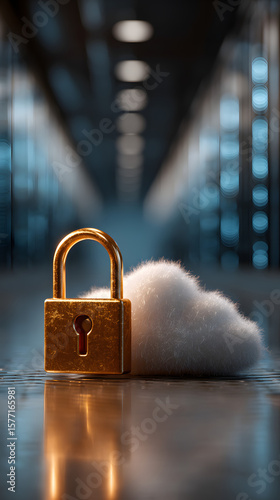 Golden lock symbol on white cloud in server room with blue lights, symbolizing data security