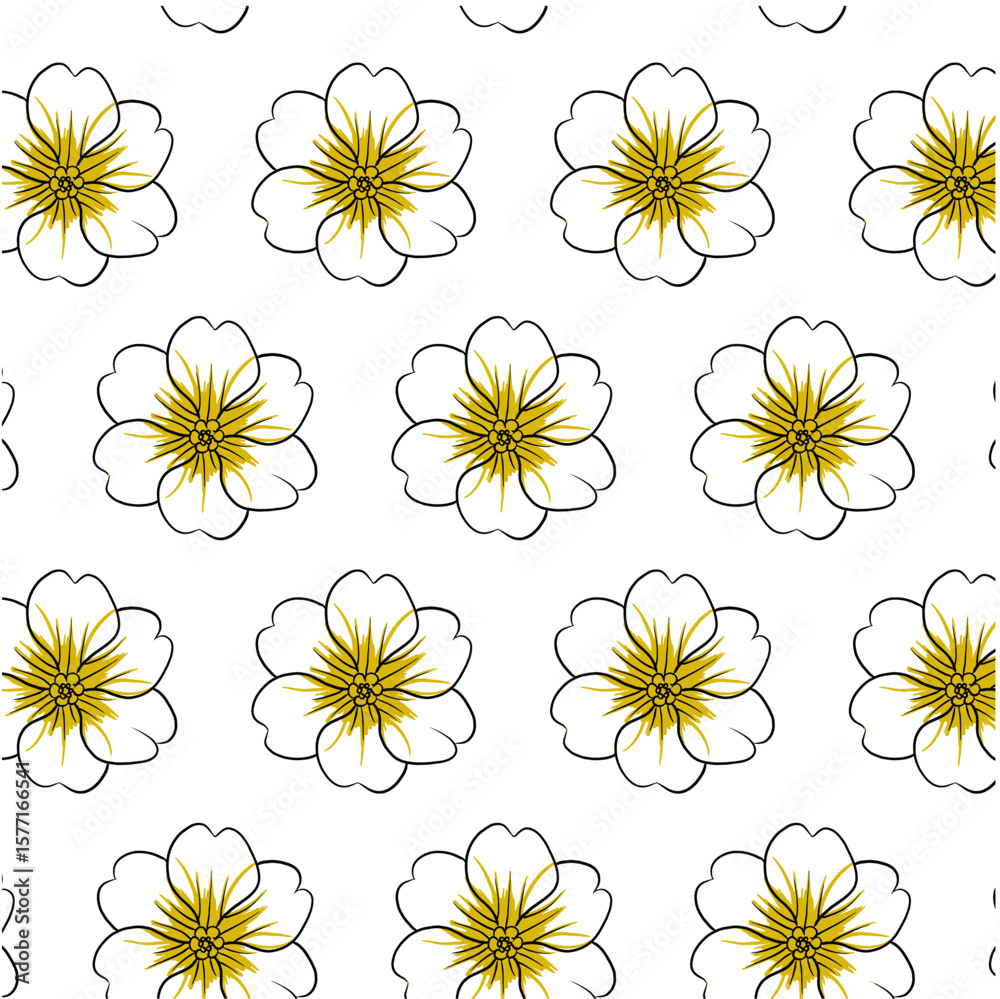 Obraz premium Primrose or Primula vulgaris flower Seamless Pattern Hand drawn vector line art, Black and Yellow Flower isolated in white. Beautiful design for textile, wallpaper, wrapping paper and backgrounds