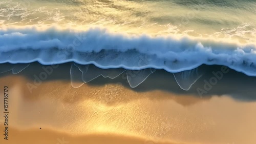 Aerial Ocean Waves Crashing on Golden Sandy Beach at Sunset - Tropical Paradise