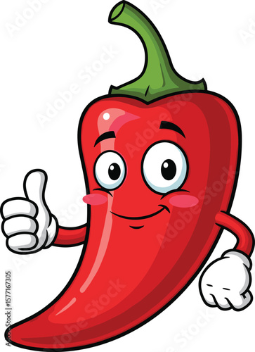Cute cartoon chili pepper giving thumbs up – happy red spicy vegetable character illustration, smiling food mascot, hot pepper kids design
