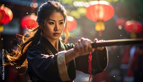 Woman practicing swordsmanship in a picturesque setting