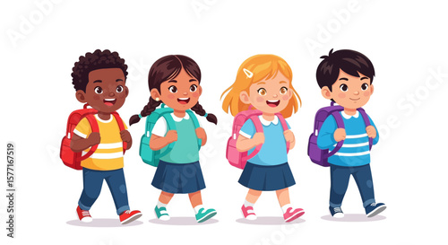Diverse Group of Happy School Children Walking with Backpacks