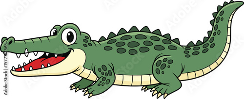 Cute cartoon crocodile smiling – funny baby alligator illustration with big eyes and sharp teeth, friendly reptile mascot for kids