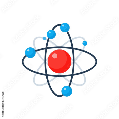 A clear and concise vector illustration of a stylized atom model, featuring a red nucleus surrounded by orbiting blue electrons