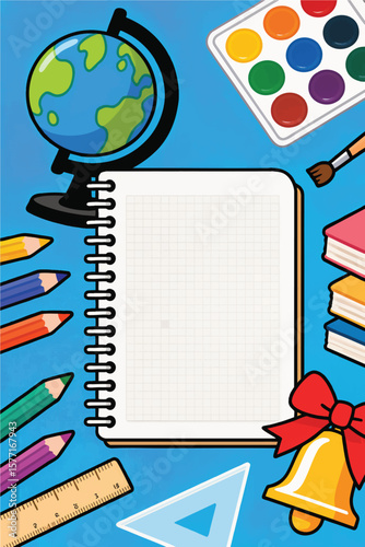 School supplies on a colorful desk with globe, notebooks, and art materials ready for a new academic year