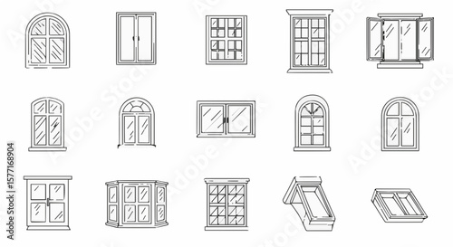Collection of hand-drawn windows: variety of architectural styles and shapes, design elements