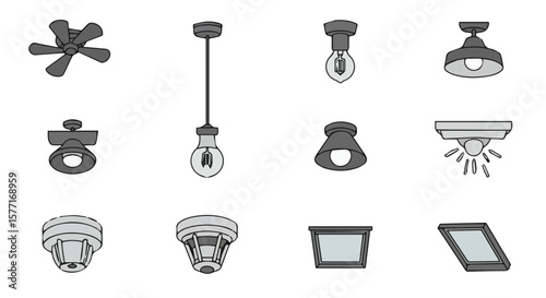 Collection of lighting fixture and safety device vector line drawings on white backdrop