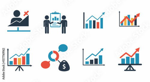 Colorful business growth and analysis icons presenting trends and progress reports