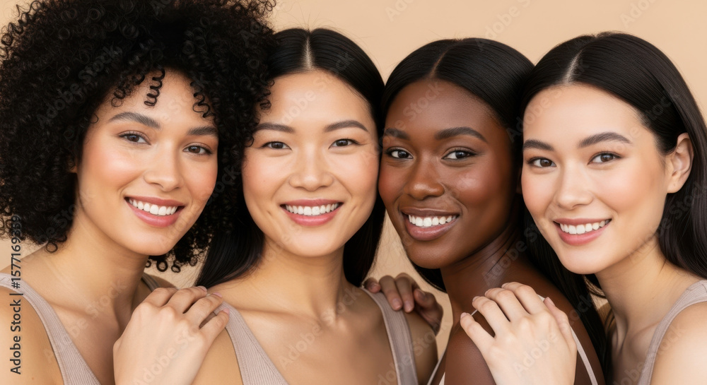 Obraz premium A diverse group of four young women with beautiful skin smiling