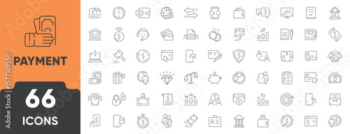Payment Line Icon Set. Set of 66 outline icons including credit card, mobile pay, invoice, transaction, wallet, cash, and checkout. Editable stroke. Linear vector illustration.